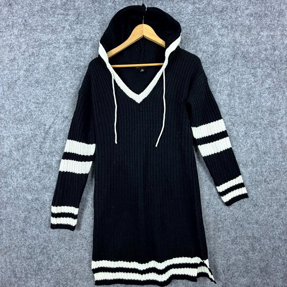 Derek Heart Sweater Dress Womens Medium Black‎ White Ribbed Knit Y2K Hooded